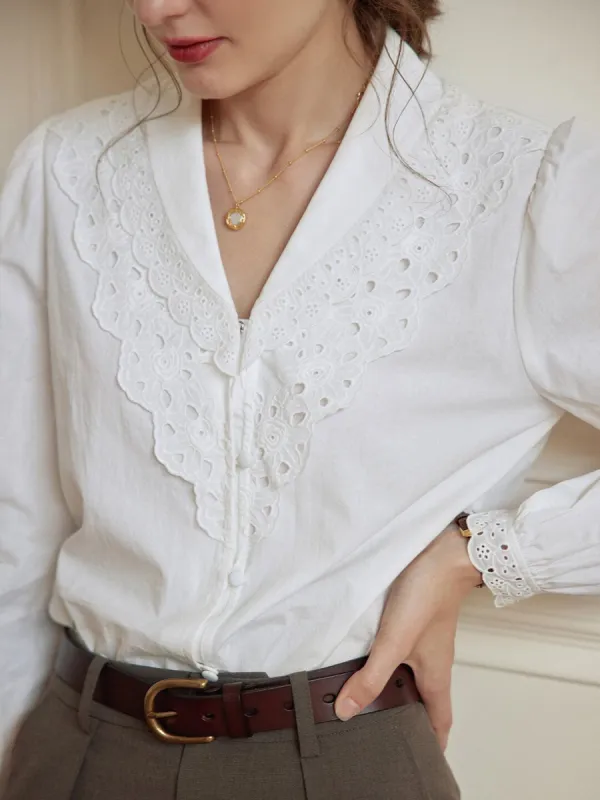 【FINAL SALE】Daria Lace V-neck White Blouse sold by Simple Retro