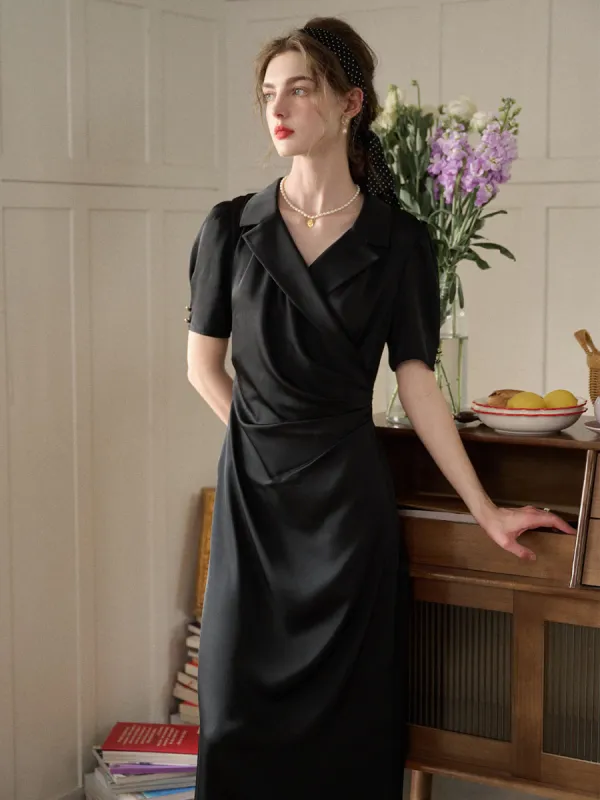 Angelina Simple Elegant Pleated Lapel Dress sold by Simple Retro