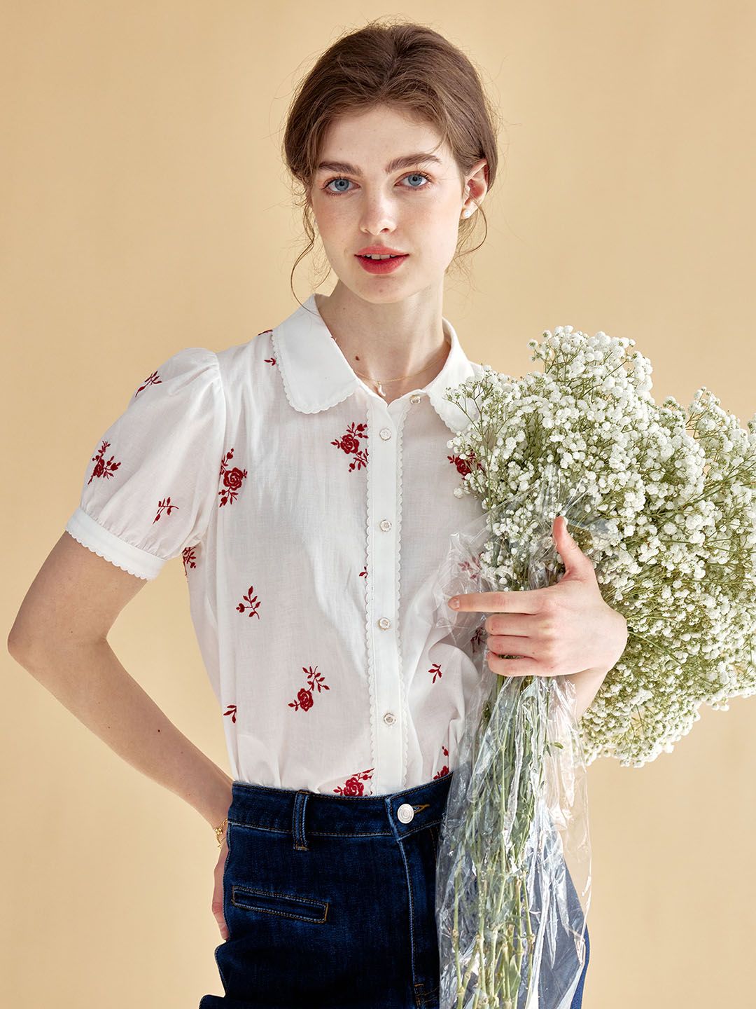 Aliya Sweet Lapel Rose Embroidered Cotton Shirt sold by Simple Retro