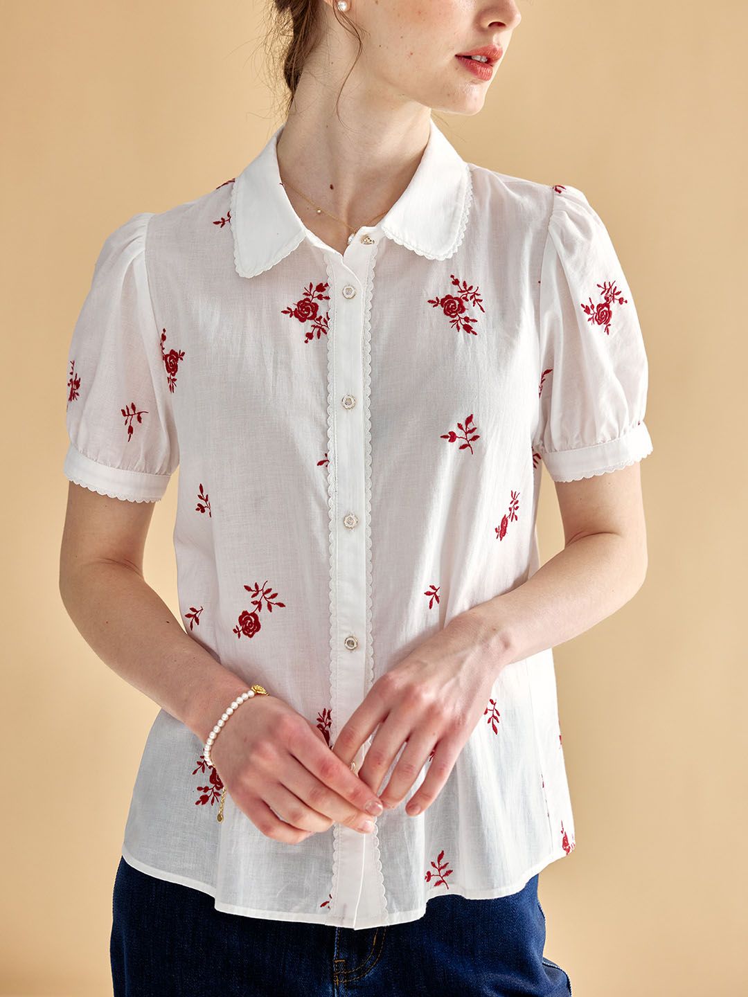 Aliya Sweet Lapel Rose Embroidered Cotton Shirt sold by Simple Retro product image thumbnail 4