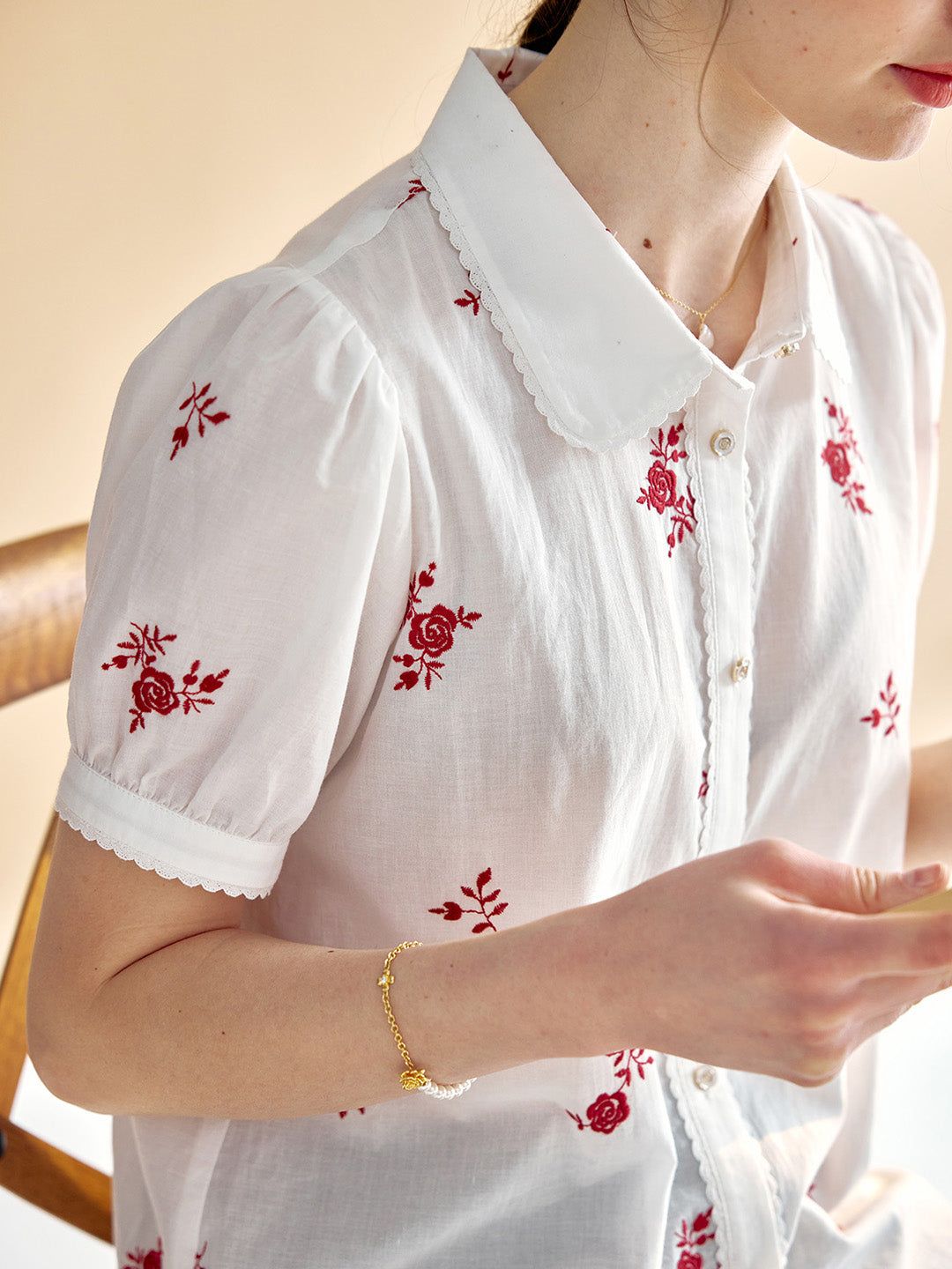 Aliya Sweet Lapel Rose Embroidered Cotton Shirt sold by Simple Retro product image thumbnail 5