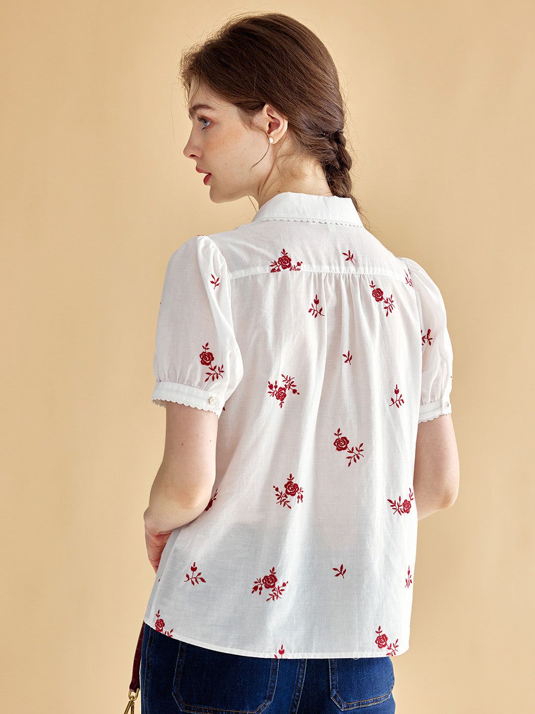 Aliya Sweet Lapel Rose Embroidered Cotton Shirt sold by Simple Retro product image thumbnail 3