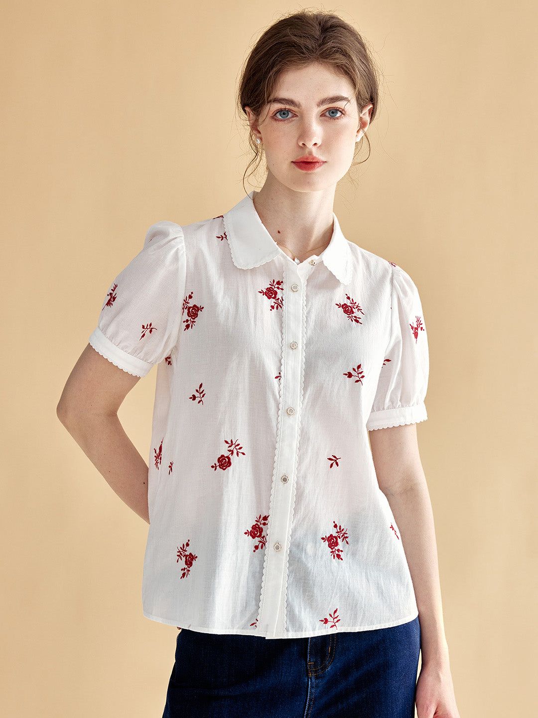 Aliya Sweet Lapel Rose Embroidered Cotton Shirt sold by Simple Retro product image thumbnail 2