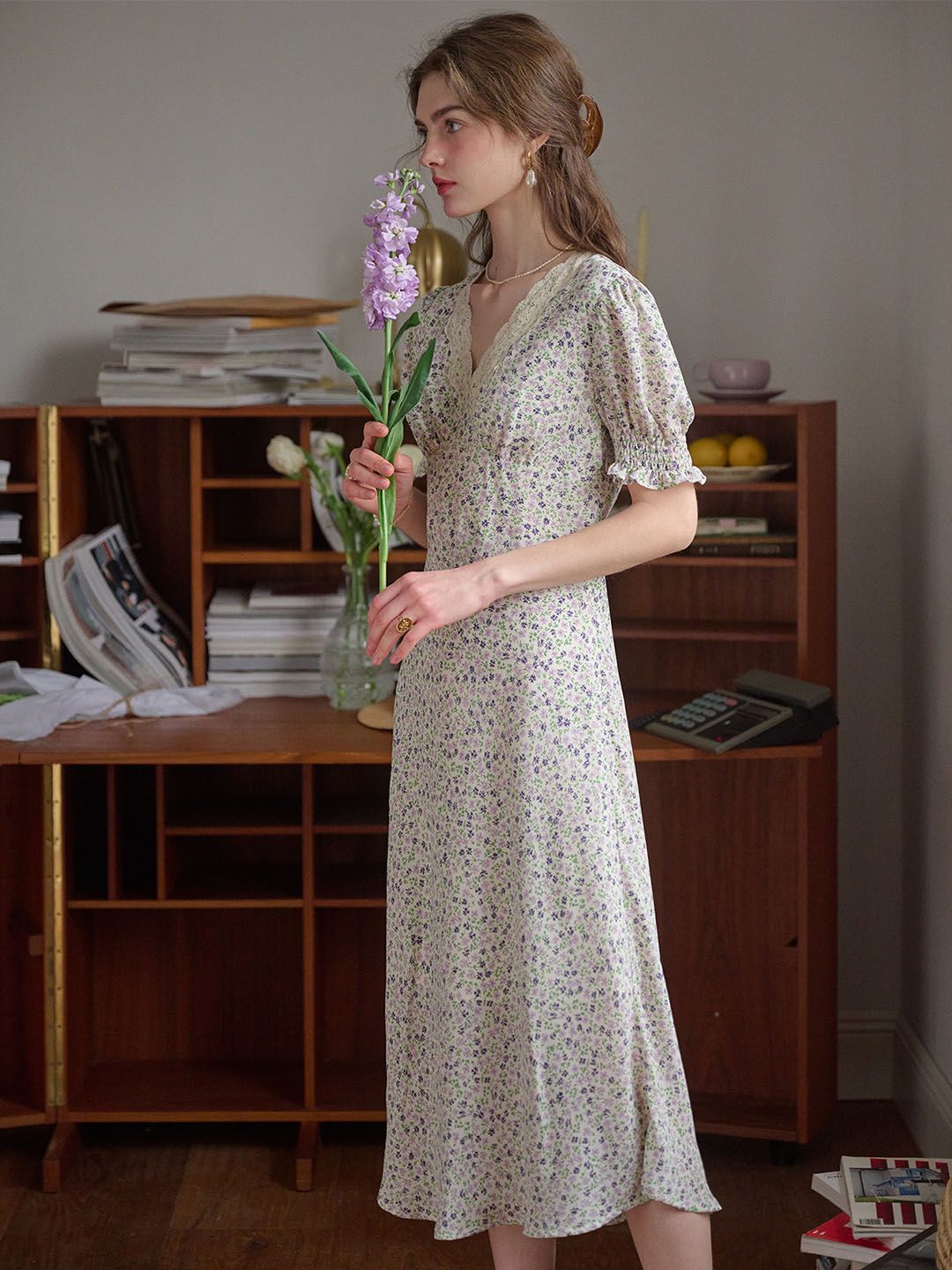 Annie Charming Floral Print Elegant Red Dress- Light Purple sold by Simple Retro product image thumbnail 4