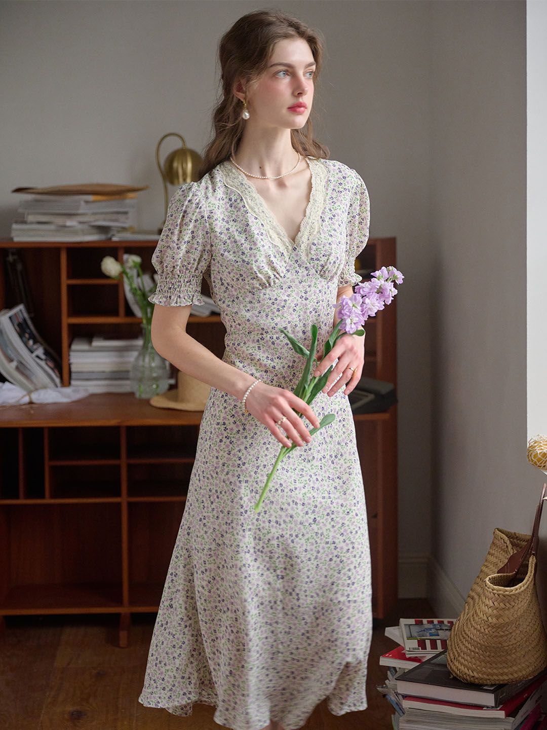 Annie Charming Floral Print Elegant Red Dress- Light Purple sold by Simple Retro product image thumbnail 2