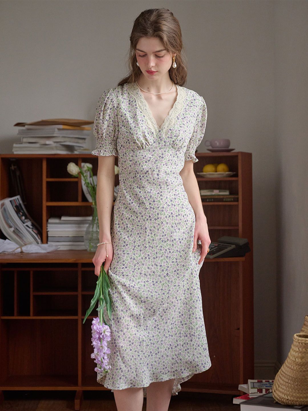 Annie Charming Floral Print Elegant Red Dress- Light Purple sold by Simple Retro product image thumbnail 3