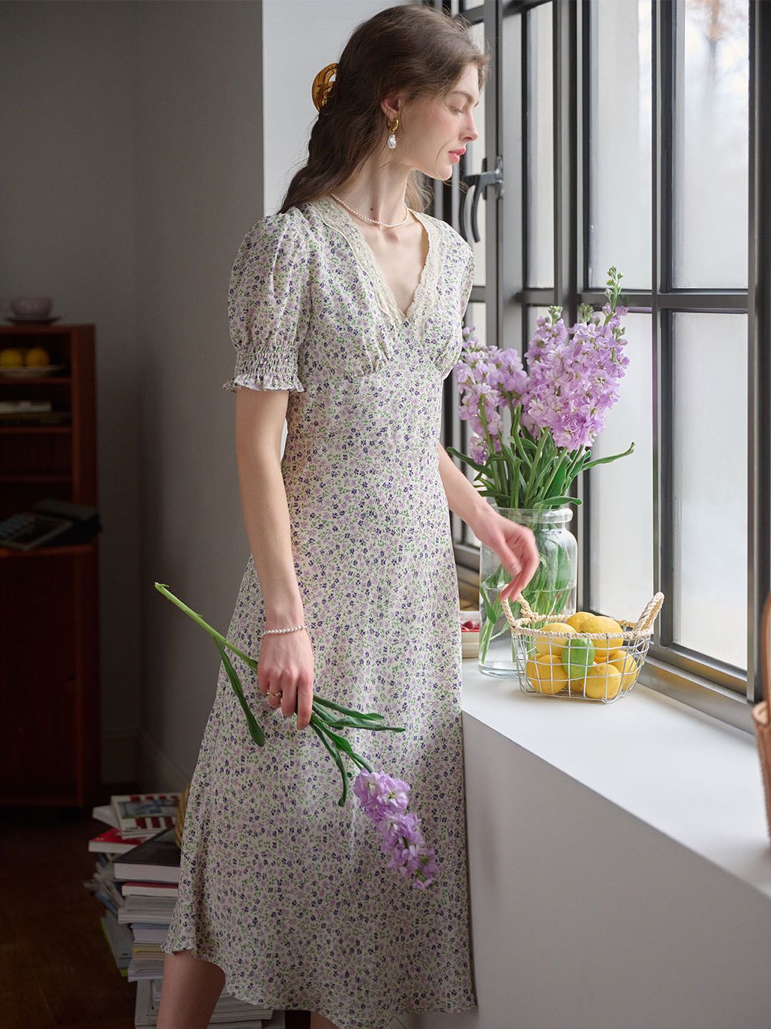 Annie Charming Floral Print Elegant Red Dress- Light Purple sold by Simple Retro product image thumbnail 5