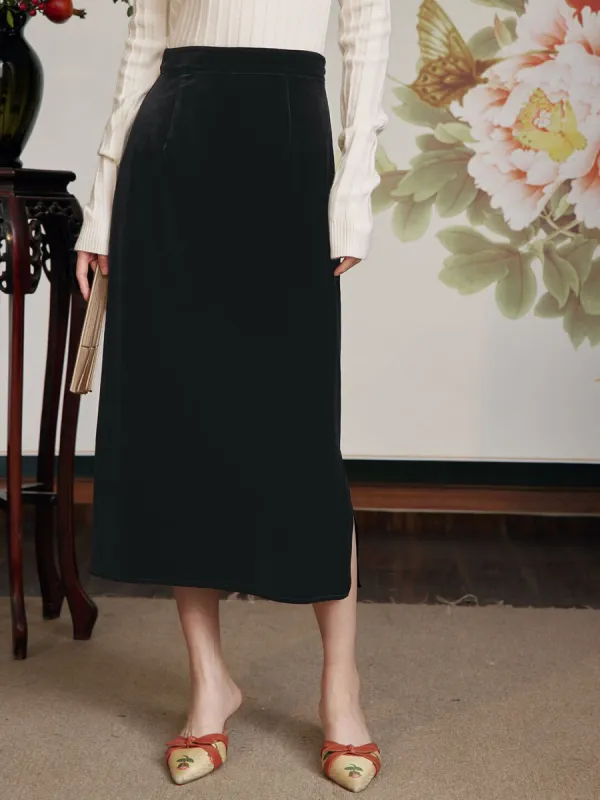 Bethany Straight Black Midi Velvet Skirt sold by Simple Retro