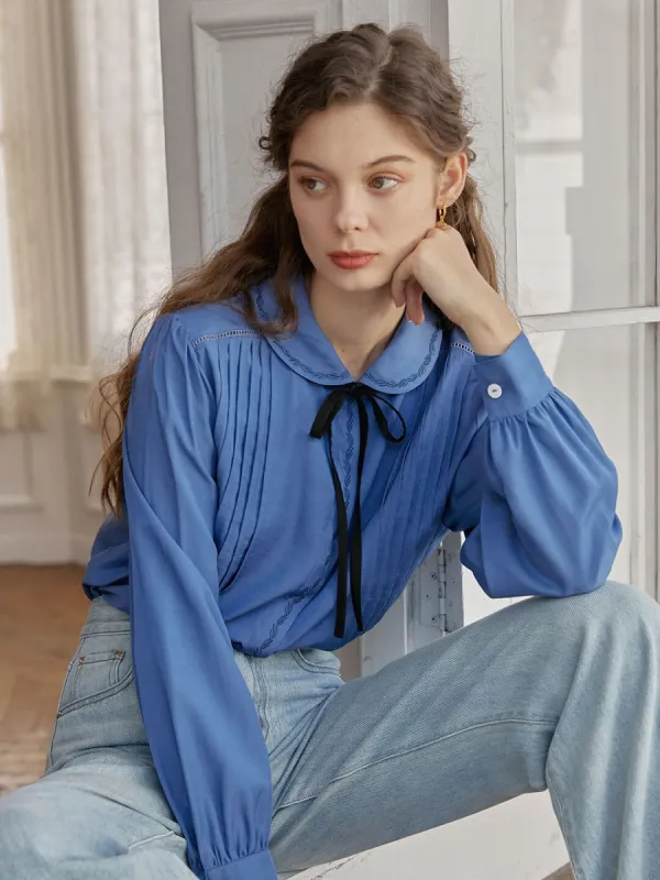 Laurel Embroidery Peter Pan Collar Blue Pleated Blouse sold by Simple Retro