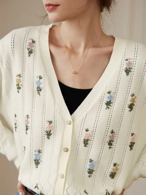 Ally Floral Handmade Embroidery Creamy White Knit Cardigan sold by Simple Retro