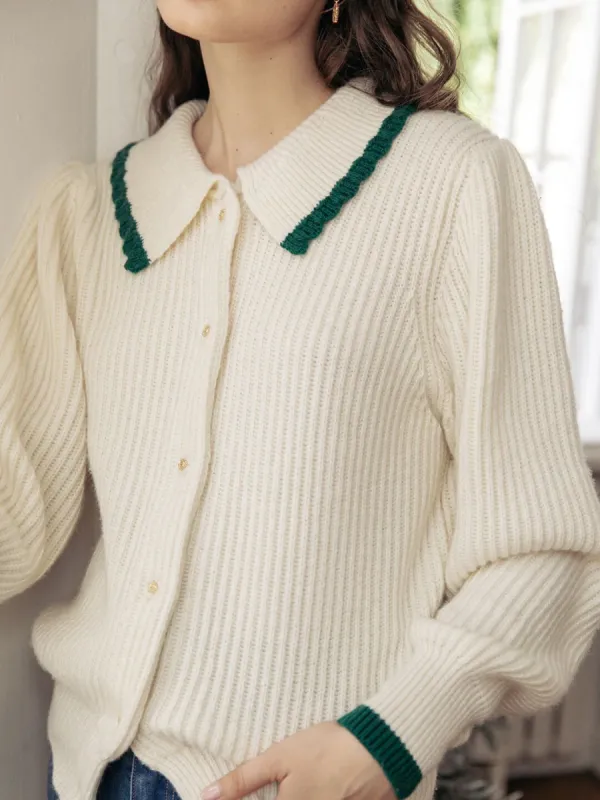 【FINAL SALE】Azalea Polo Collar Wool Rib Knit Cardigan sold by Simple Retro