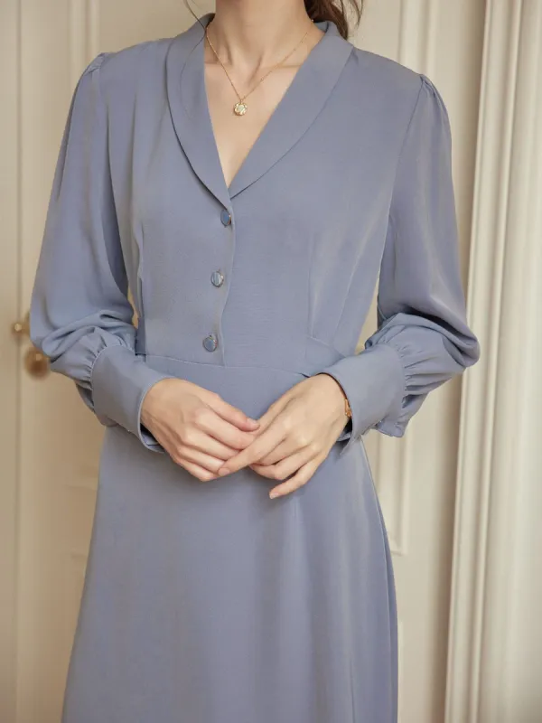 Raya Puff Long Sleeve Blue Midi Dress sold by Simple Retro