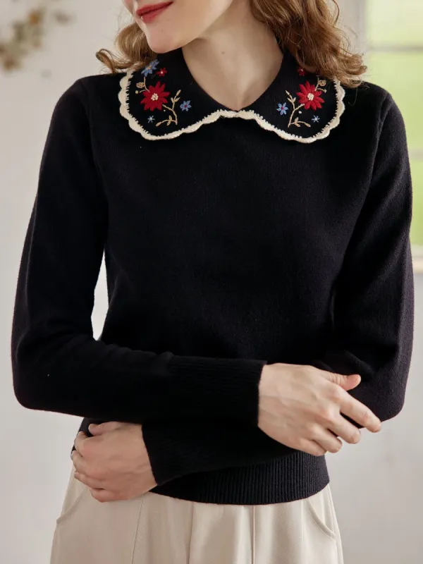 Grace Embroidered Peter Pan Collar Black Knit Sweater made by Simple Retro