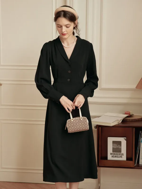 Raya Puff Long Sleeve Black Midi Dress sold by Simple Retro