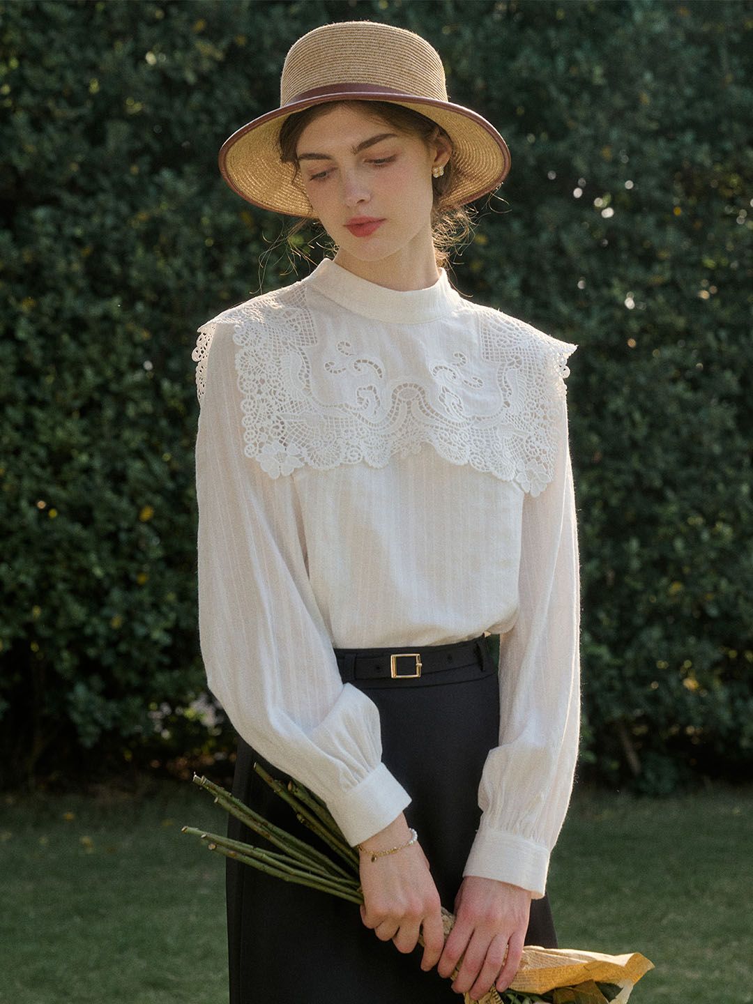 Lena Mock Neck Hollow Lace Patchwork Blouse sold by Simple Retro product image thumbnail 2