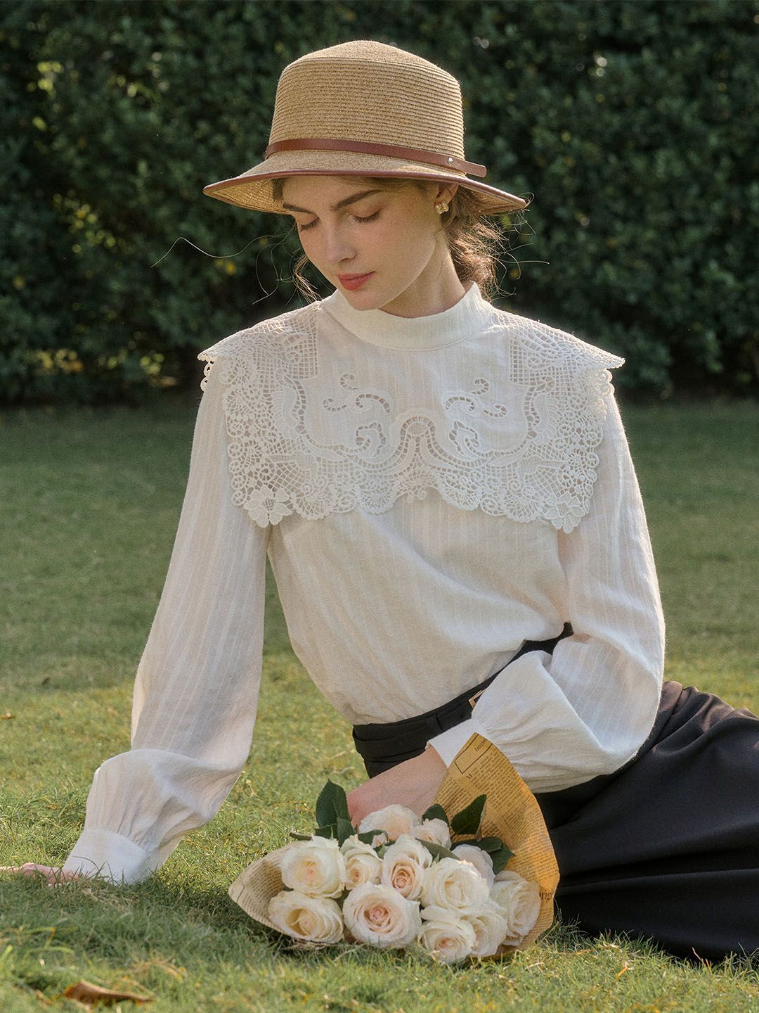 Lena Mock Neck Hollow Lace Patchwork Blouse sold by Simple Retro