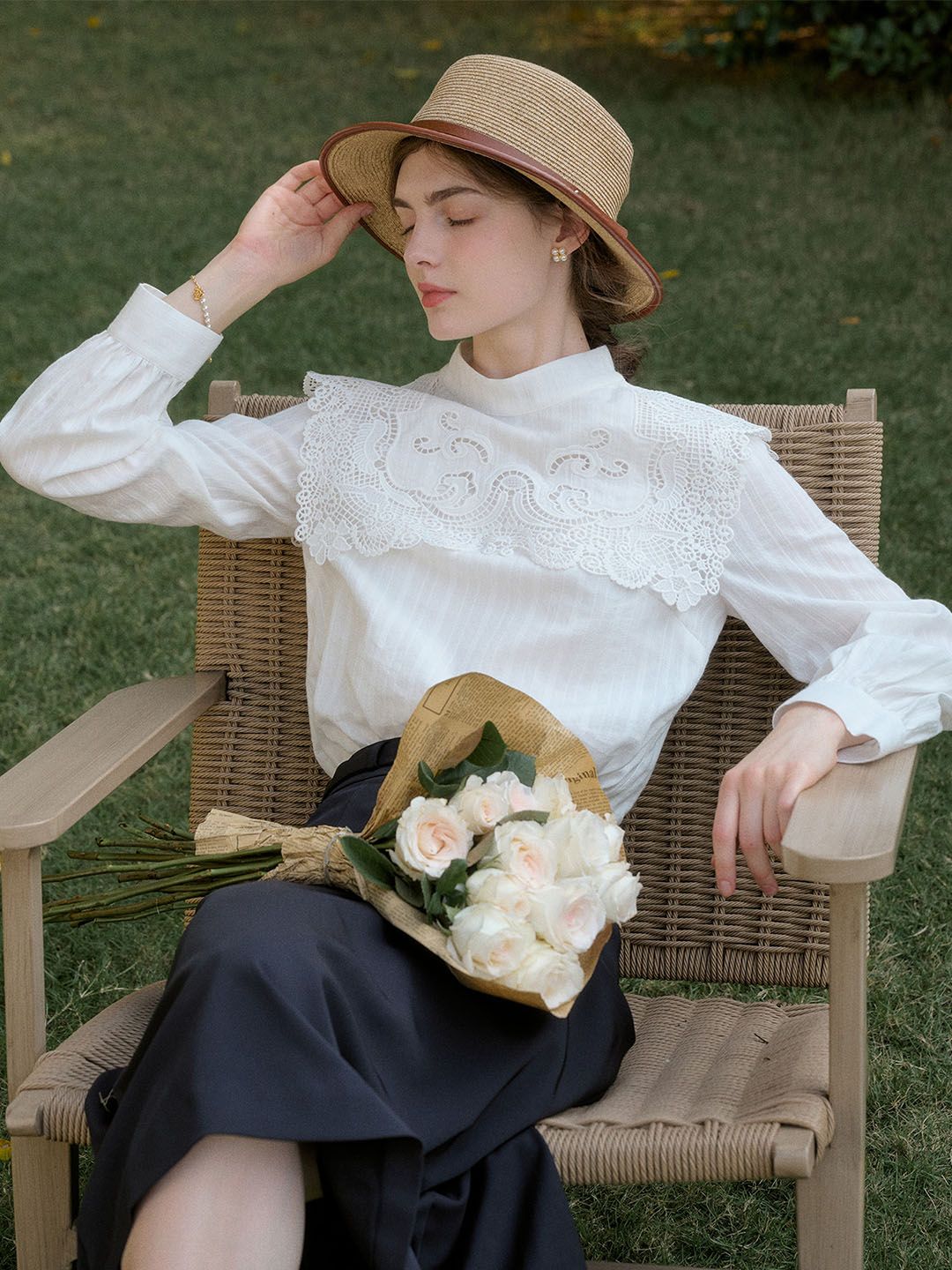 Lena Mock Neck Hollow Lace Patchwork Blouse sold by Simple Retro product image thumbnail 3