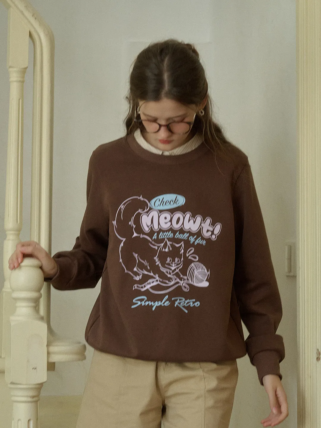 Kaeli Exclusive Design Cat Print Classic Crew Neck Sweatshirt sold by Simple Retro product image thumbnail 2