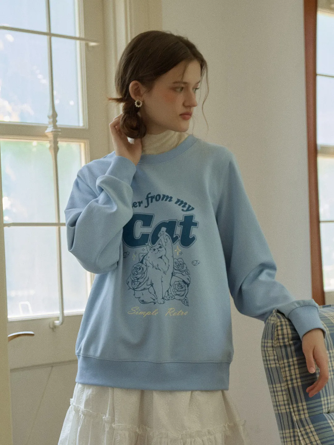 Kaeli Exclusive Design Cat Print Classic Crew Neck Sweatshirt sold by Simple Retro product image thumbnail 3