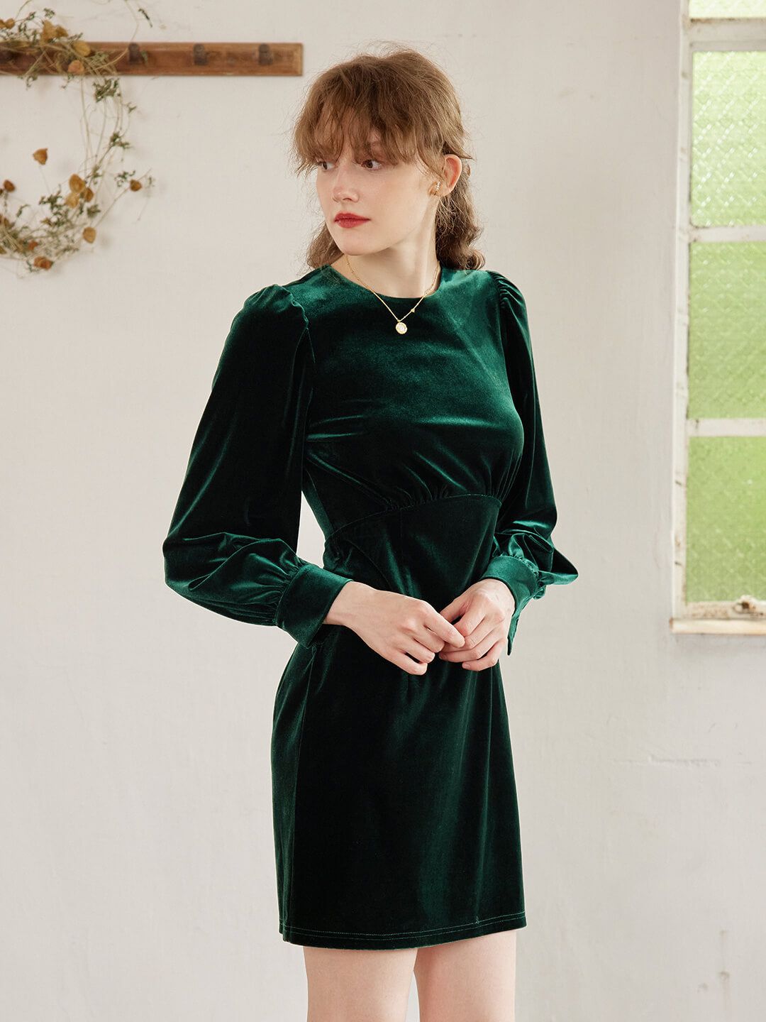 Sofia Puff Sleeve Green Velvet Dress sold by Simple Retro product image thumbnail 6