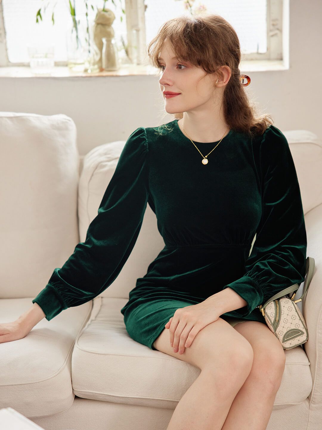 Sofia Puff Sleeve Green Velvet Dress sold by Simple Retro