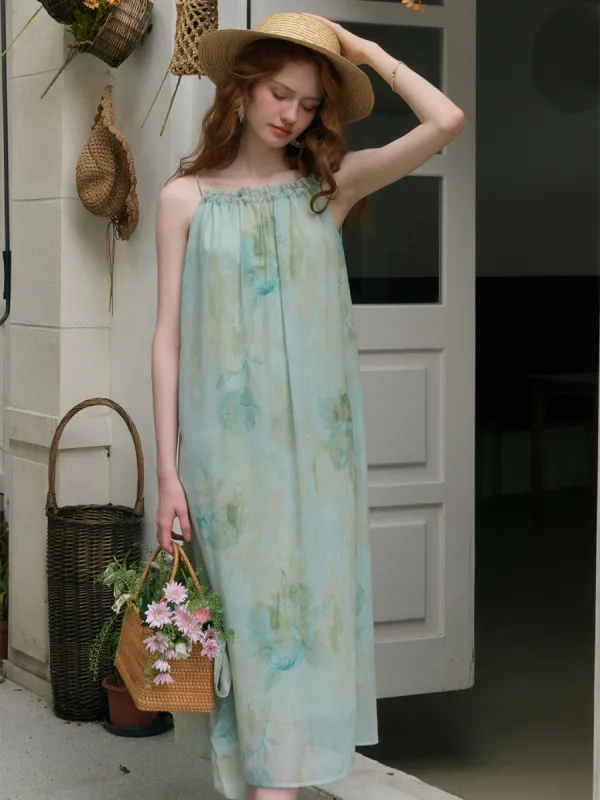 Cecelia Smudge-dyed Rose Print Chiffon Slip Dress sold by Simple Retro
