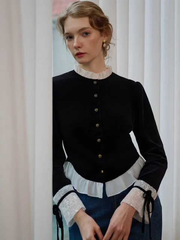 【Final Sale】Alice Contrast Lace Ruffle Trim Velvet Blouse sold by Simple Retro