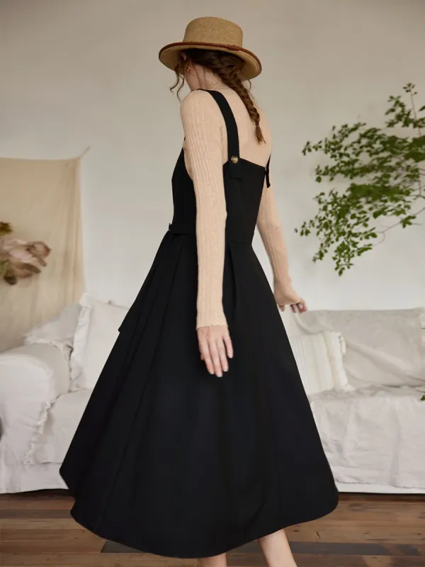 (Clearance) Trista Pleated Black Strap Dress sold by Simple Retro