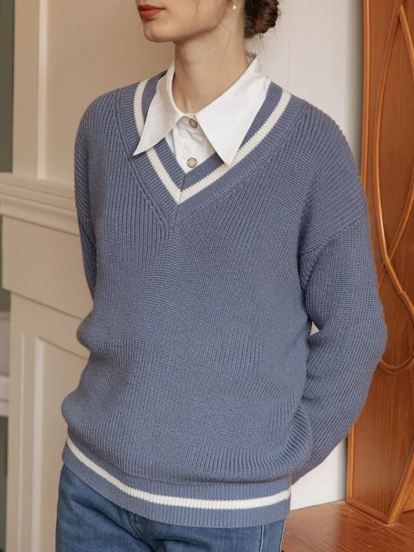 【Final Sale】Emilia V-neck Stripe Blue Knit Sweater sold by Simple Retro