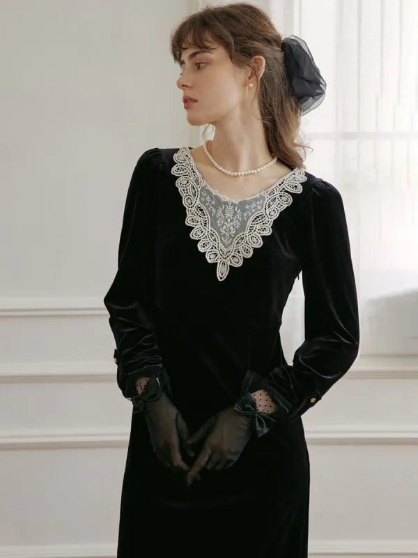 Hailey Lace Black Midi Velvet Dress sold by Simple Retro