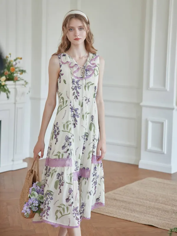 Wisteria Printed Purple Midi Sleeveless Dress sold by Simple Retro