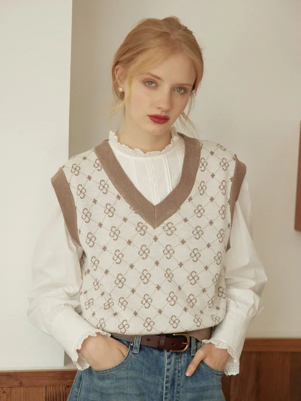 【Final sale】Emily Patterned Brown Vest Sweater sold by Simple Retro