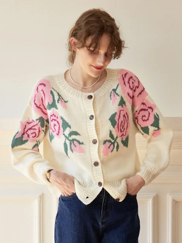 Noemi Rose Jacquard White Knit Cardigan sold by Simple Retro