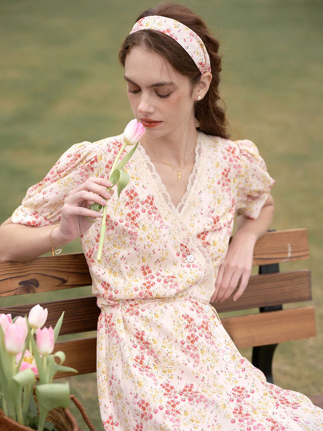 Aure Lace V-neck Floral Dress sold by Simple Retro