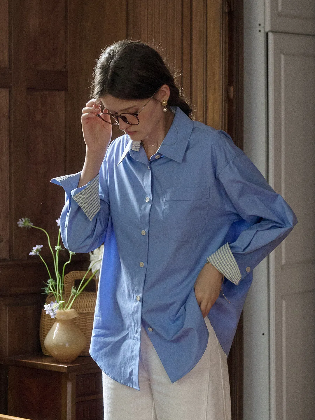 Abby Removable Collar and Cuffs Contrast Color Small Checkered Shirt - Blue sold by Simple Retro