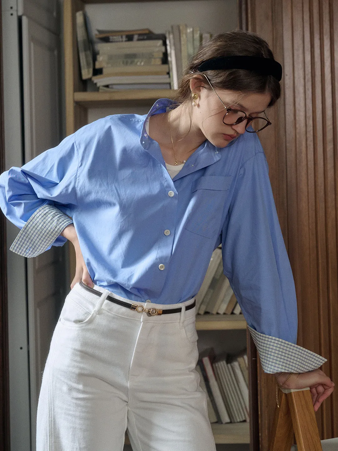 Abby Removable Collar and Cuffs Contrast Color Small Checkered Shirt - Blue sold by Simple Retro product image thumbnail 3