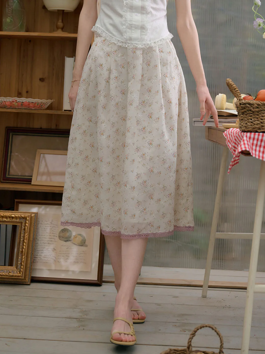 Giselle Floral Embroidered Print Contrast Lace Skirt sold by Simple Retro