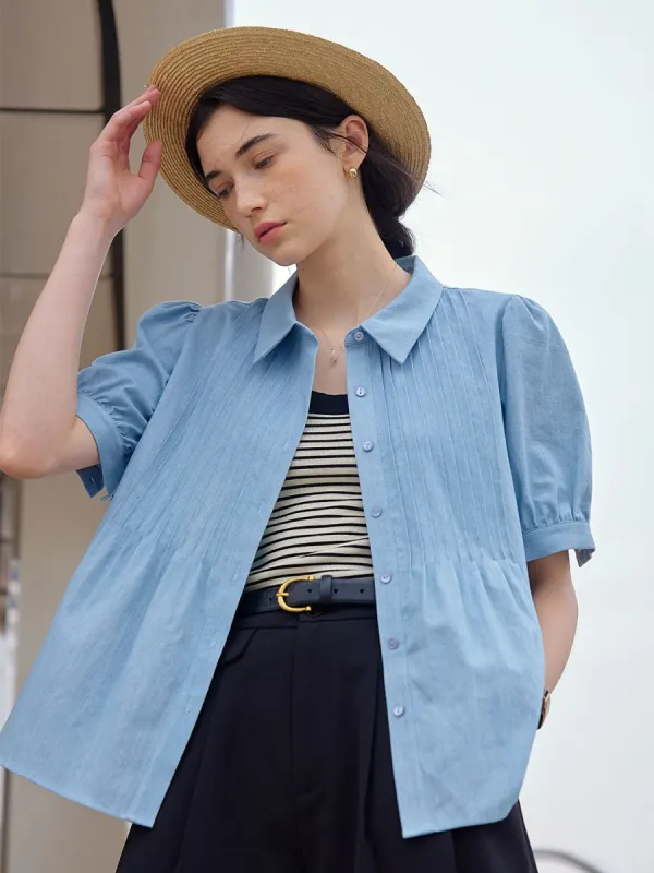 Ashlyn Elegant Blue Puff Sleeve Cotton Blouse sold by Simple Retro