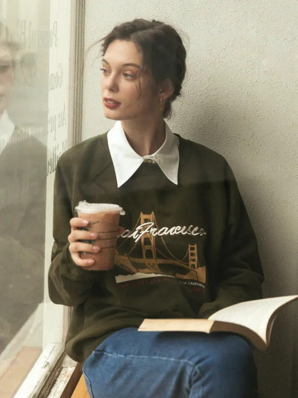 Lola Graphic Embroidery Crewneck Green Fleece Sweatshirt sold by Simple Retro