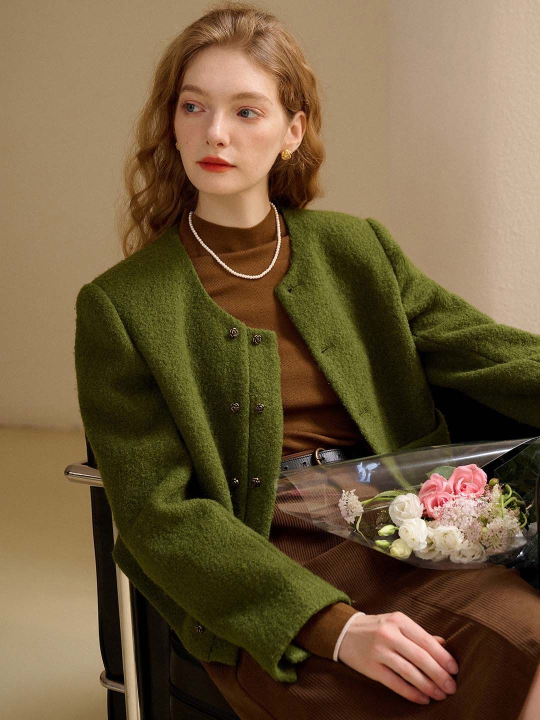 【Pre-order】Amelia Wool Round Neck Double Breasted Jacket sold by Simple Retro