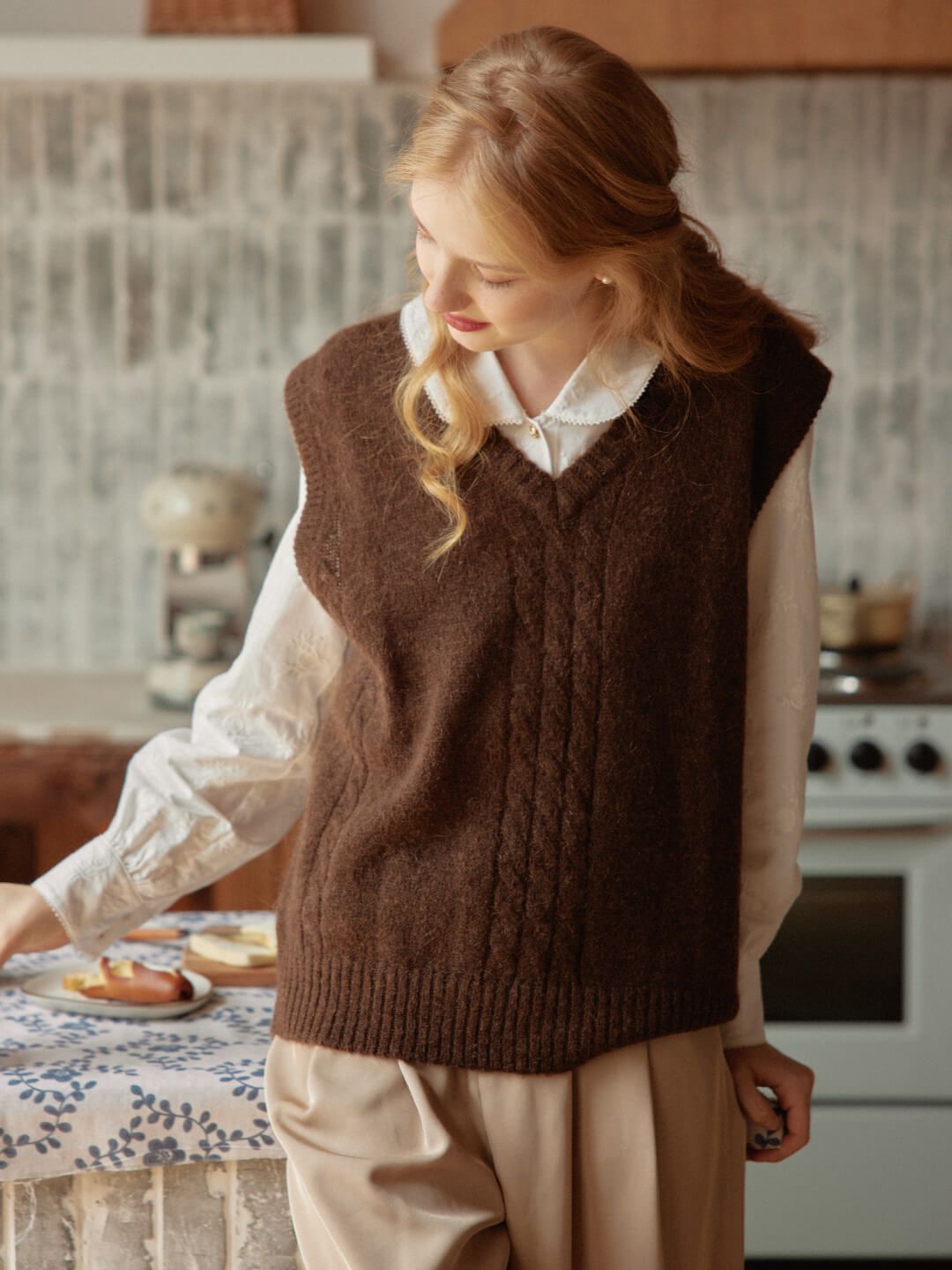 Gail Cable Brown Knitted Vest sold by Simple Retro product image thumbnail 3