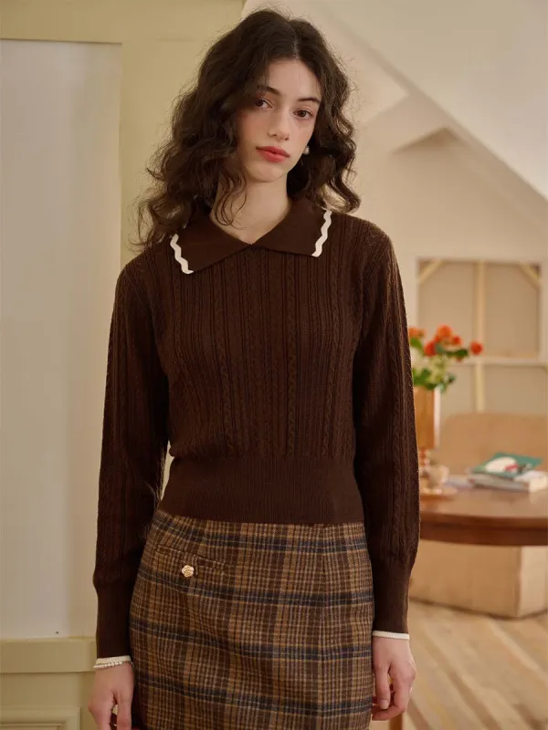 Maria Contrast Wavy Lapel Knitted Sweater made by Simple Retro
