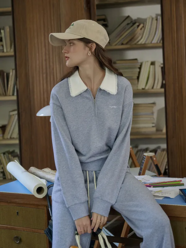 Amoura SR Logo Embroidered Contrast Color Lace Lapel Cotton Sweatshirt sold by Simple Retro