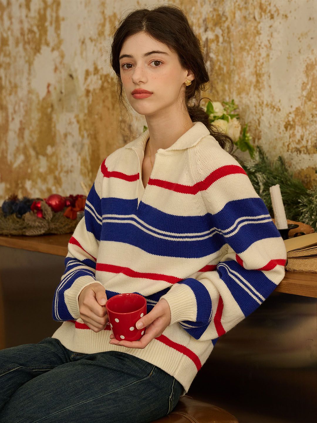 【Pre-order】Mary POLO Collar Striped Contrast Sweater sold by Simple Retro product image thumbnail 5