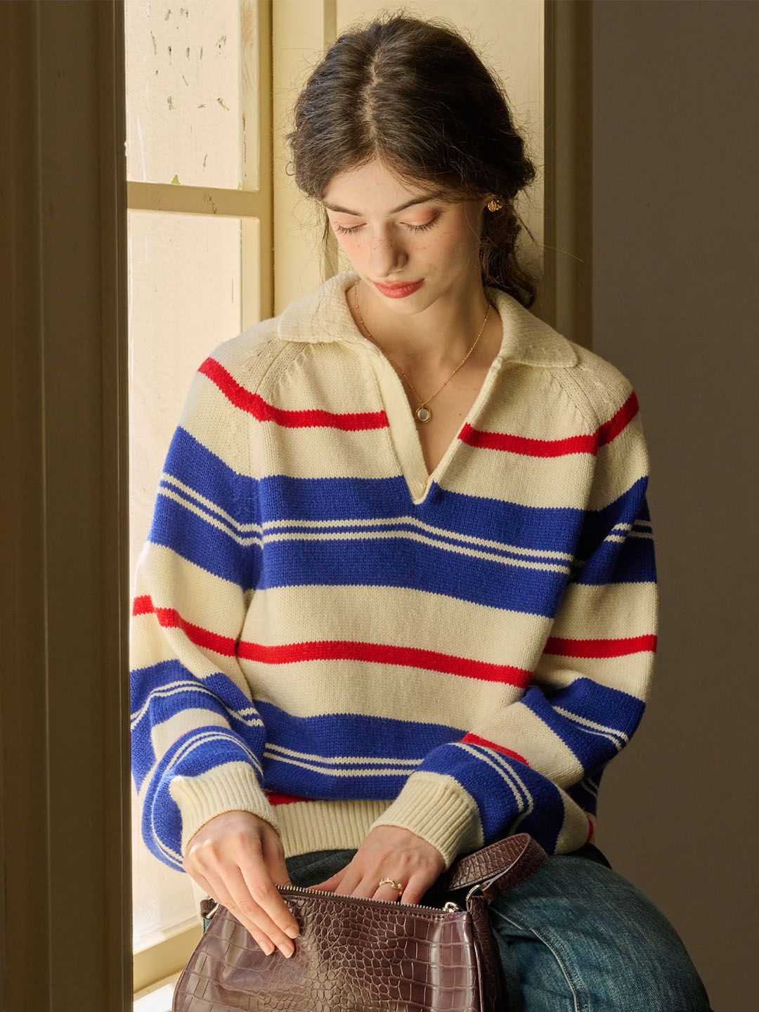 【Pre-order】Mary POLO Collar Striped Contrast Sweater sold by Simple Retro