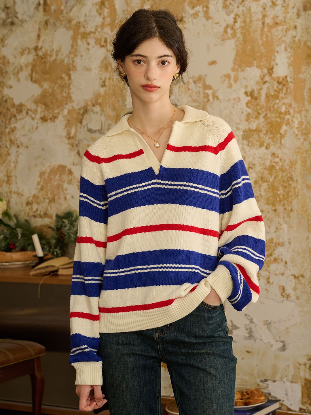 【Pre-order】Mary POLO Collar Striped Contrast Sweater sold by Simple Retro product image thumbnail 2