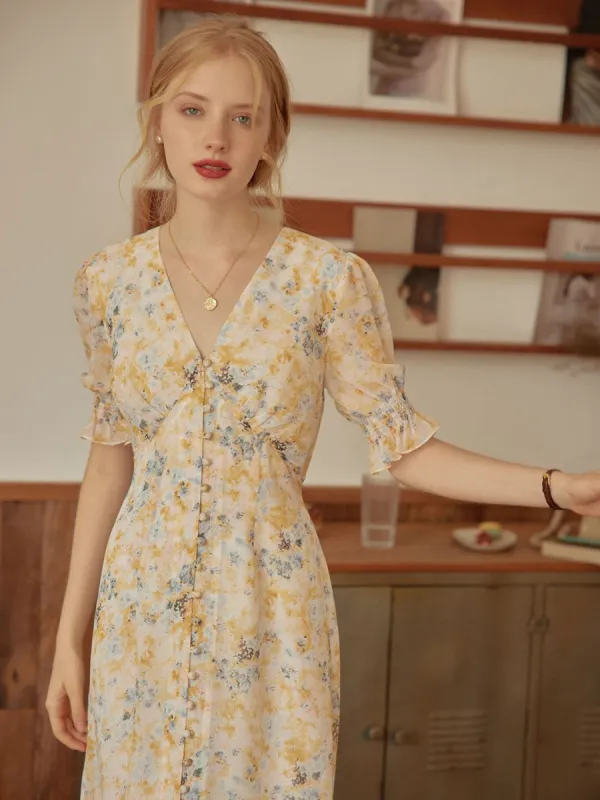 【Final Sale】Kora Floral Printed Yellow Maxi Dress sold by Simple Retro