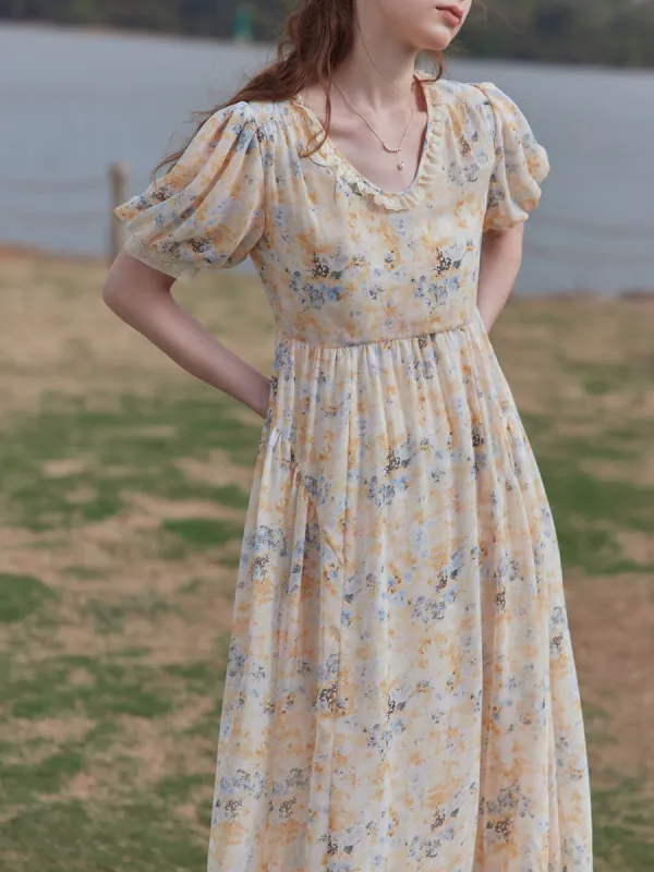 (Clearance) Lily Floral Printed Light Yellow Puff Sleeve Dress sold by Simple Retro