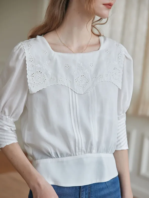 (Clearance) Eliza Floral Embroidered Pleated White Blouse sold by Simple Retro