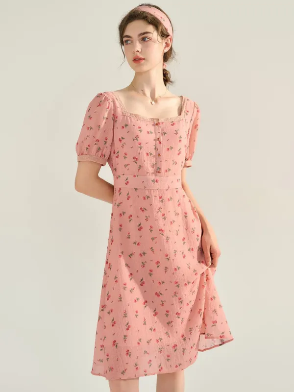 Adele Cherry Print Square Neck Puff Sleeve Dress sold by Simple Retro